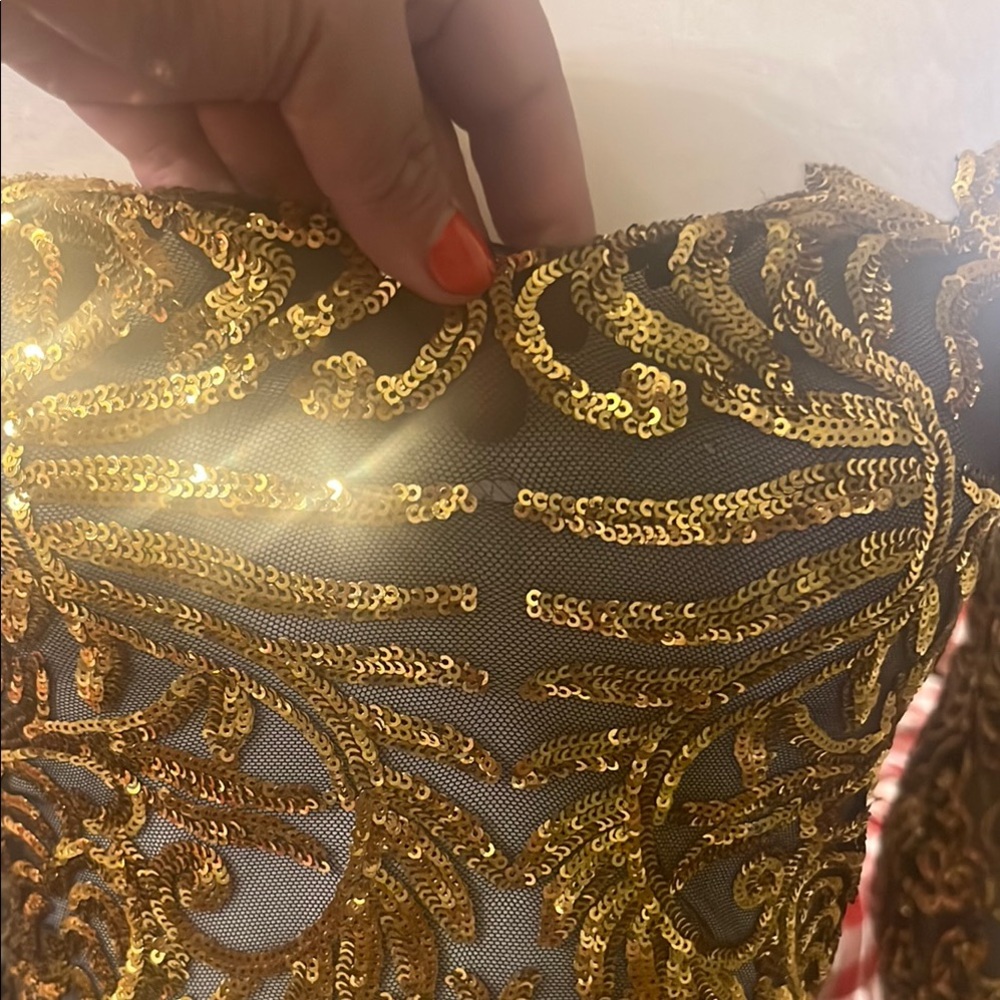 Gold Bodycon Knee-Length Strapless Sequin see through Cocktail Dress - Picture 12 of 14